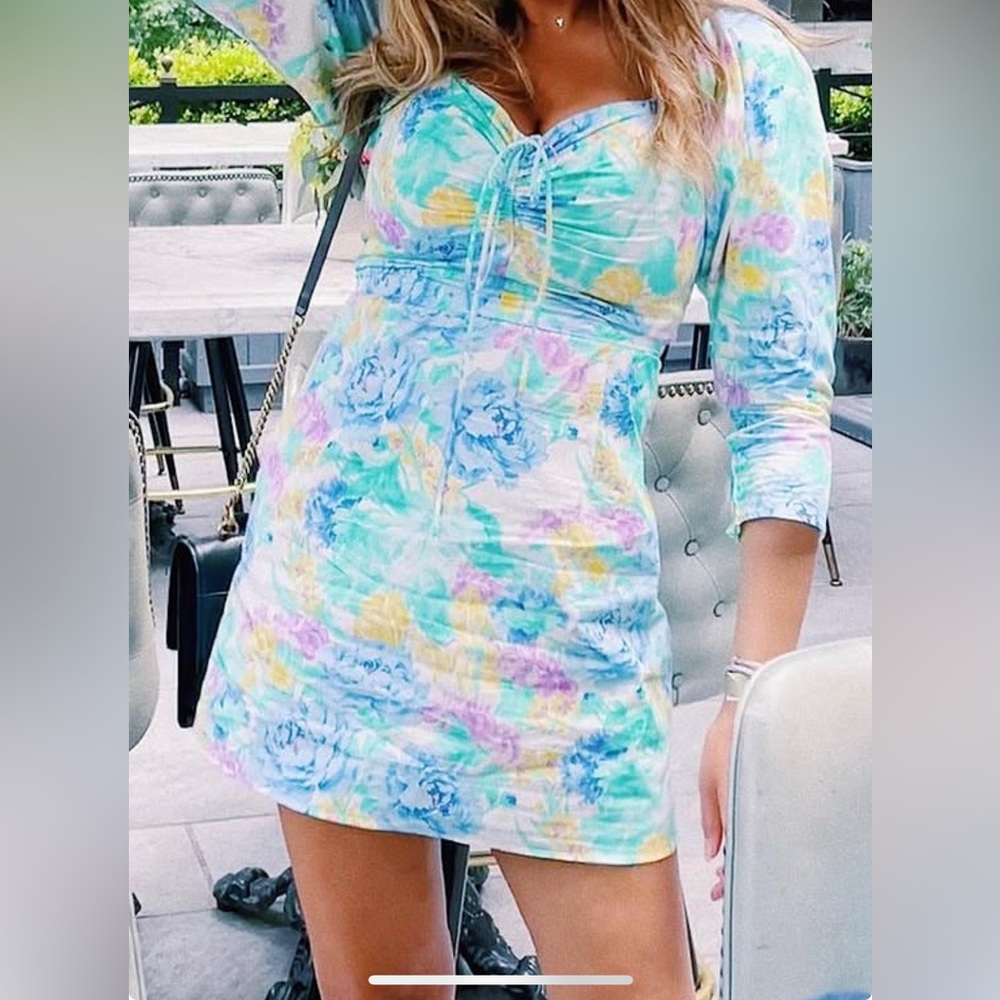 Zara Pastel Floral Puff-Sleeve Tunic Dress - Aqua, Blue, Yellow, Pink
